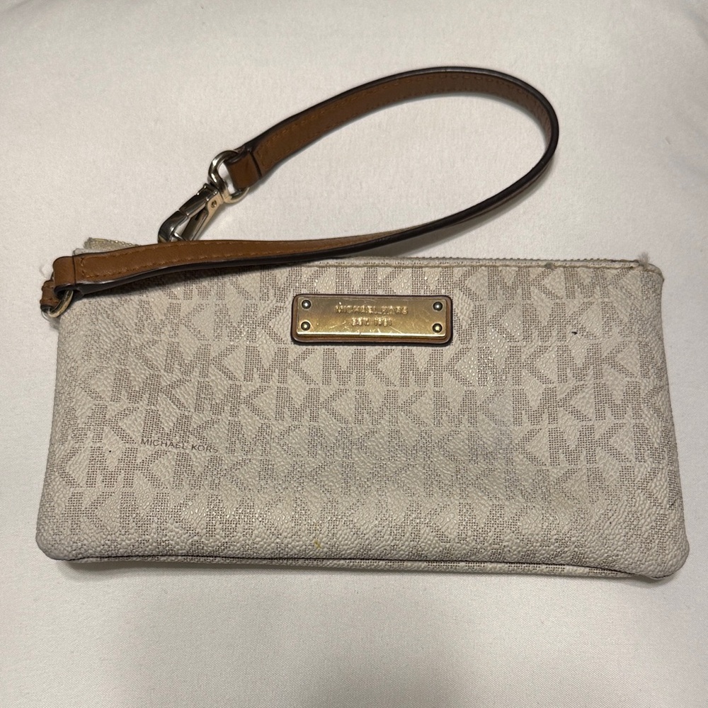 Michael Kors Beige vanilla & brown MK logo Wristlet Clutch